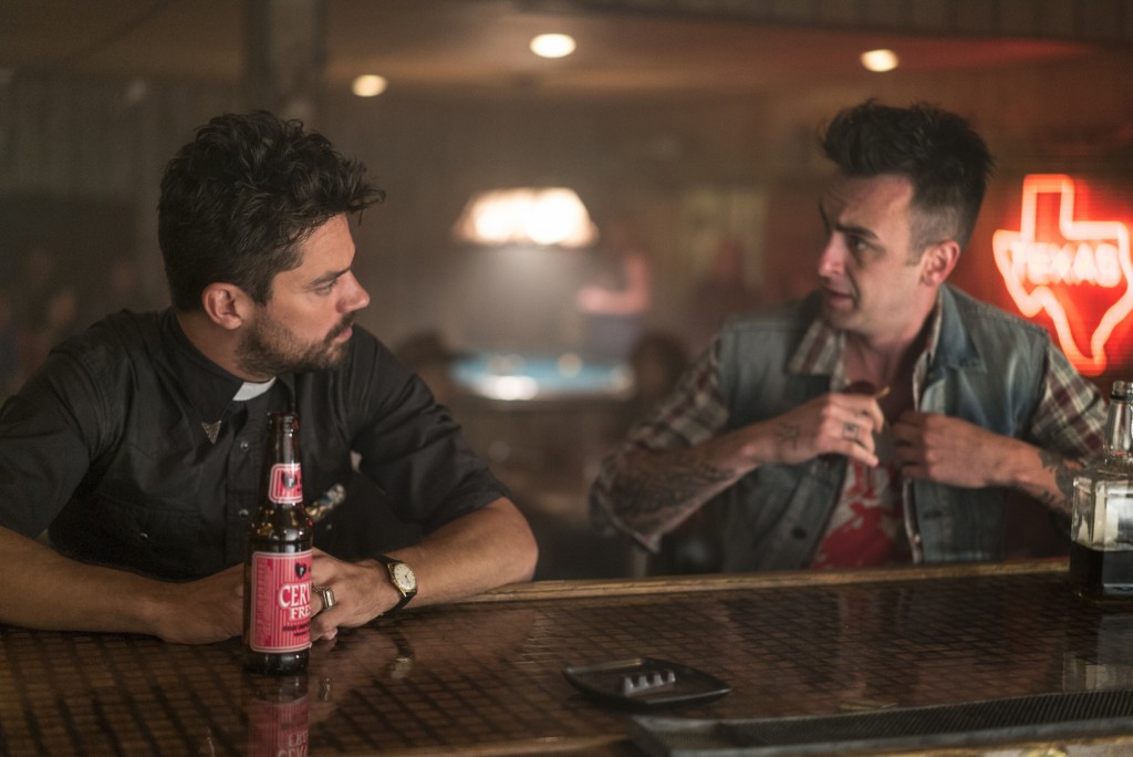 Dominic Cooper as Jesse Custer, Joseph Gilgun as Cassidy - Preacher _ Season 1, Pilot - Photo Credit: Lewis Jacobs/Sony Pictures Television/AMC
